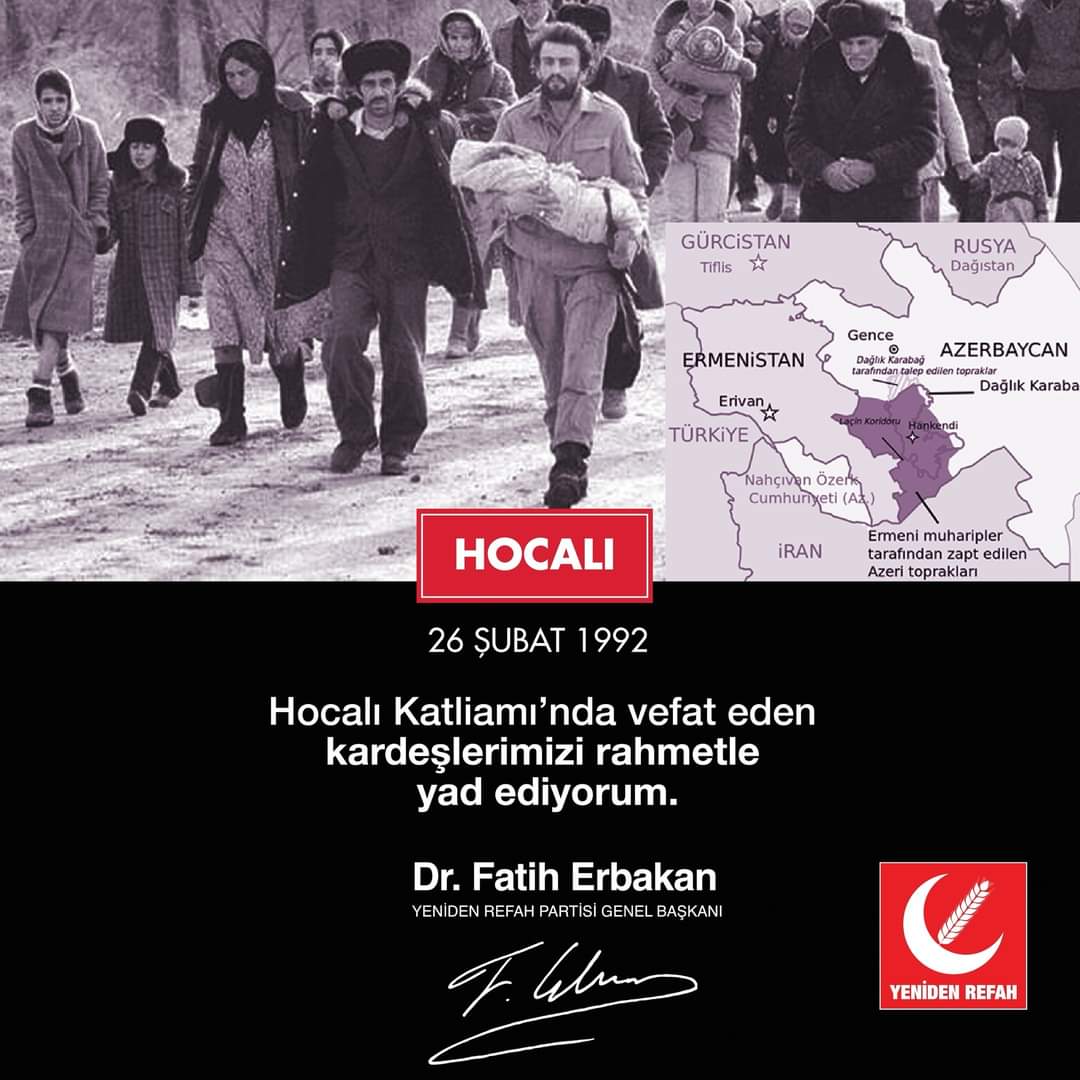 GolcukRefah's tweet photo. 26 Şubat 1992’de Azerbaycan’ın Dağlık Karabağ bölgesindeki Hocalı kasabasında gerçekleşen Ermeni katliamında hayatını kaybeden kardeşlerimizi vefatlarının 32. seneidevriyesinde rahmetle yad ediyoruz. https://t.co/tr8rEKCyoz