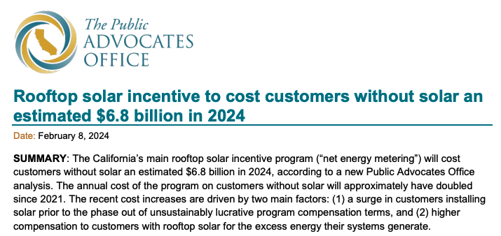 BrianGitt's tweet photo. California Rooftop Solar Incentive to Cost Non-solar Customers an Estimated $6.8 Billion in 2024

Why should lower &amp; middle-income households without solar pay for wealthier homeowners to put solar panels on their homes?

https://t.co/LgpPkIPle4 https://t.co/bubwnau3AI