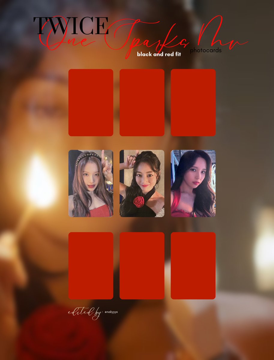 nabyyys's tweet photo. ❤️💃🏻 twice one spark mv ( black and red fit version ) photocards !

                    🗒️:: these photocards are from different versions and sites ! https://t.co/hkBbamehps