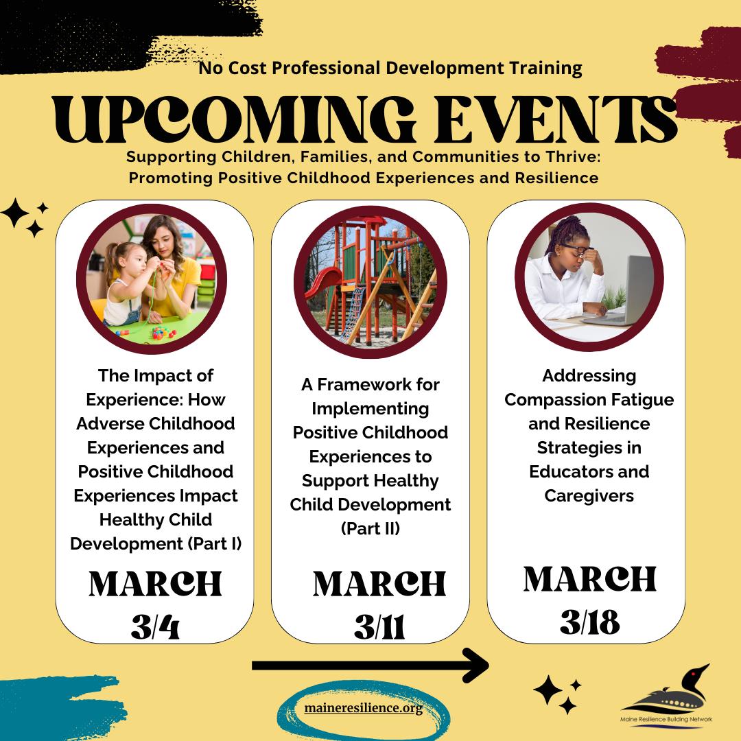 Check out what's going on via <a href="/maineresilience/">Maine Youth Thriving</a>!

In partnership with <a href="/mdoenews/">ME Dept of Education</a>, MRBN has designed a series of free professional development workshops specifically for educators and caregivers who work with children ages 0-8.

maineresilience.org/events?EventVi…