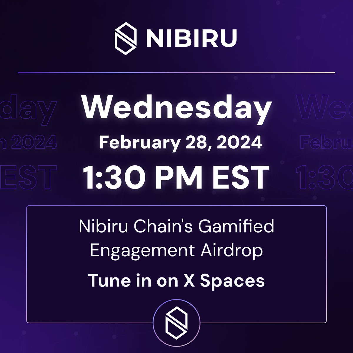 Nibiruns! Join us for an AMA on Nibiru's Gamified Engagement Airdrop this Wednesday, February 28th at 1:30 PM EST. Drop your questions below! And don't forget to RSVP to the Space👇🏽 ⏰ x.com/i/spaces/1mrgm…