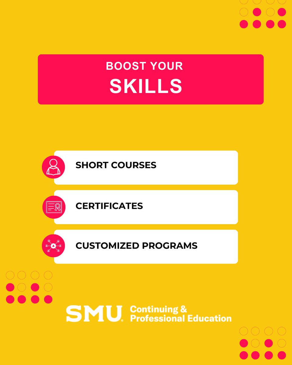 SMUCAPE's tweet photo. Want to learn from the best? SMU CAPE offers a variety of short courses, certificates, and customized programs taught by world-class instructors. 

Don't miss out on this opportunity to boost your skills and transform your world. Join us now!

https://t.co/68TzfhIRbS https://t.co/YahiJWszpn