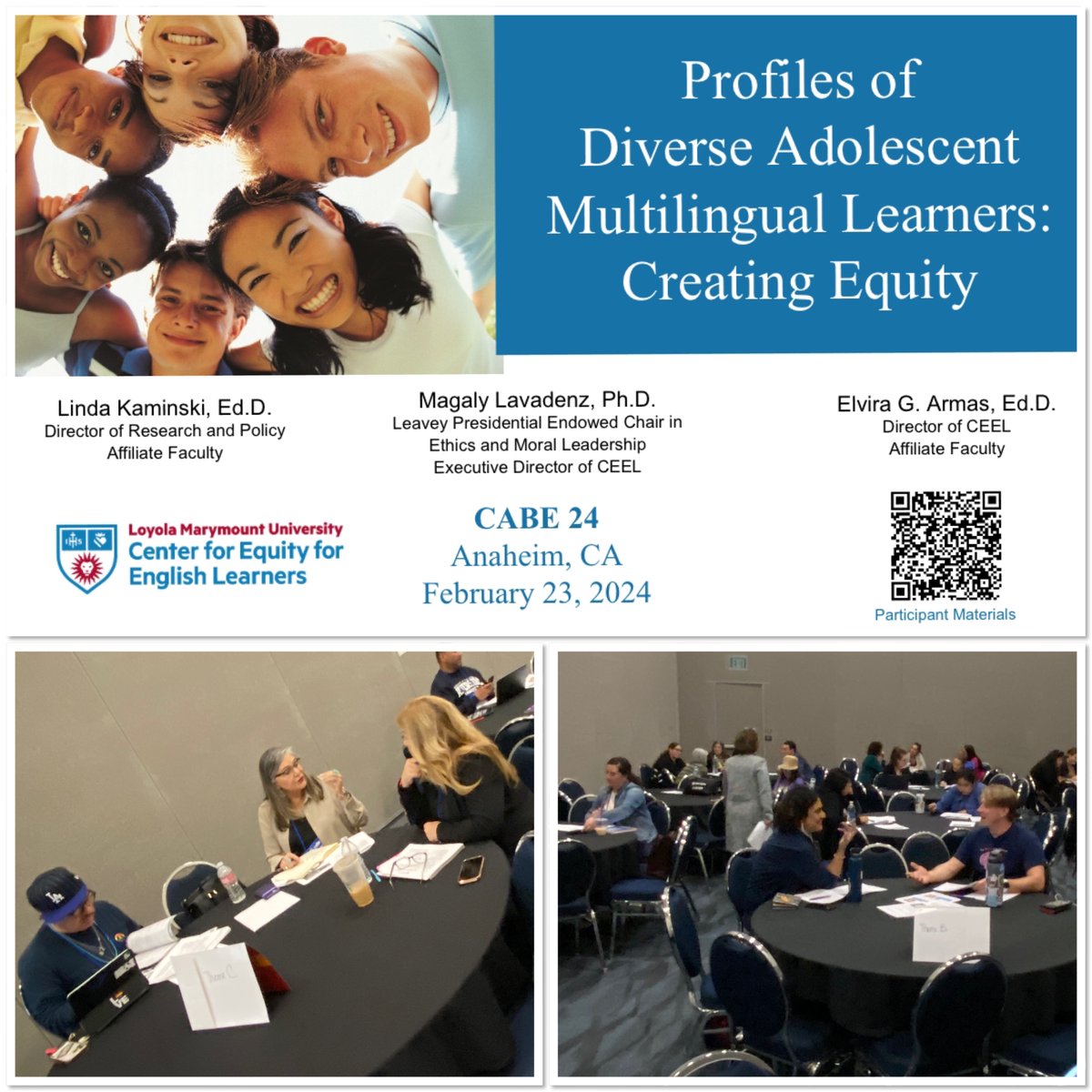 CEEL Directors, Drs. Linda Kaminski, Magaly Lavadenz, and Elvira Armas, presented on Profiles of Diverse Adolescent English Learners: Creating Equity at #CABE2024. 

Visit our CEEL website at soe.lmu.edu/centers/ceel/ to learn more.