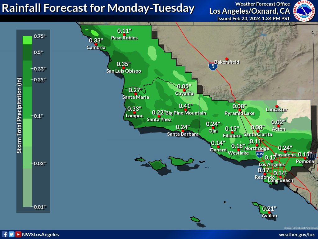 KcluNewsLance's tweet photo. Not impressive!  Projected rainfall totals for the Tri-Counties from the latest storm to hit the region.  It's pretty weak, but a bigger one is coming next weekend.
#ventura #oxnard #santabarbara #goleta #thousandoaks #venturacounty #santabarbaracounty #rainfalltotal #stormtotals https://t.co/F0Rs1HUkSD