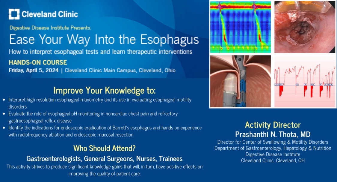 Join us on 4/5/24 for a 1-day didactic & hands-on course for gastroenterologists, general surgeons, nurses, & trainees. The goal is to produce significant knowledge gains that will, in turn, have positive effects on improving the quality of patient care. ccfcme.org/Esophagus2024