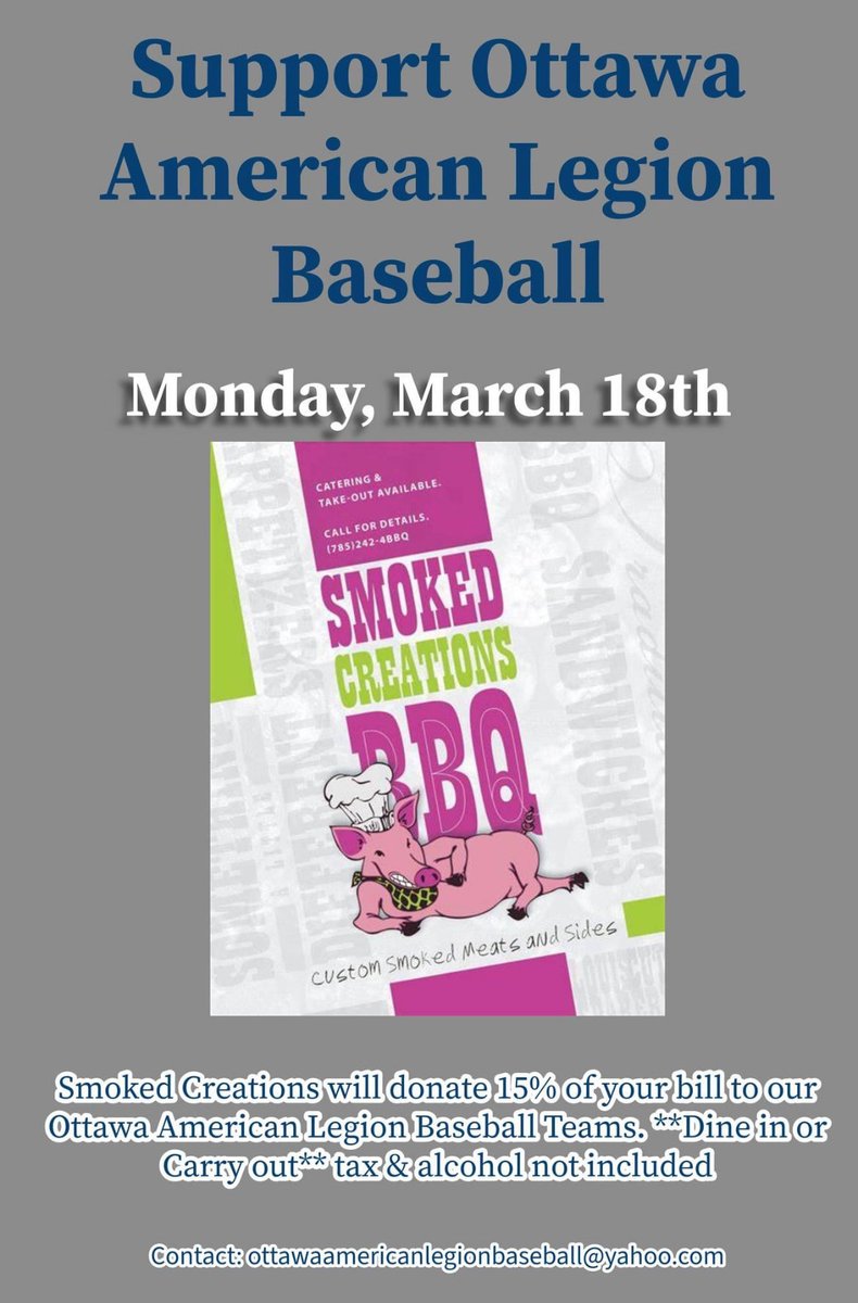 OALBaseball's tweet photo. Mark your calendars!!  Let Smoked Creations make dinner and support OALB as we begin our 78th consecutive season! https://t.co/SVabEFt5fs