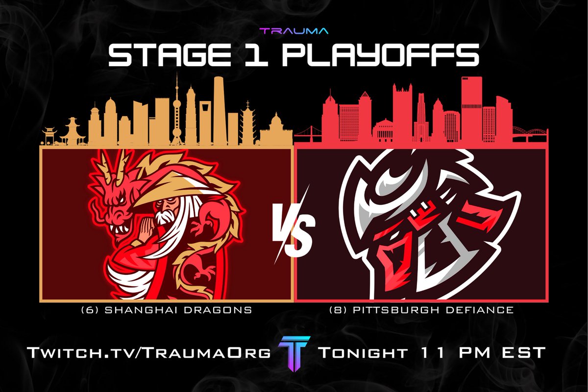 Trauma (@traumaorg) on Twitter photo The #TraumaLeague Stage 1 Winners Finals begin tonight! 
Tune in at 11 est to see the (6)Shanghai Dragons and (8)Pittsburgh Defiance play for a spot in the Stage 1 Finals!
Twitch.tv/TraumaOrg The #TraumaLeague Stage 1 Winners Finals begin tonight! 
Tune in at 11 est to see the (6)Shanghai Dragons and (8)Pittsburgh Defiance play for a spot in the Stage 1 Finals!
Twitch.tv/TraumaOrg
