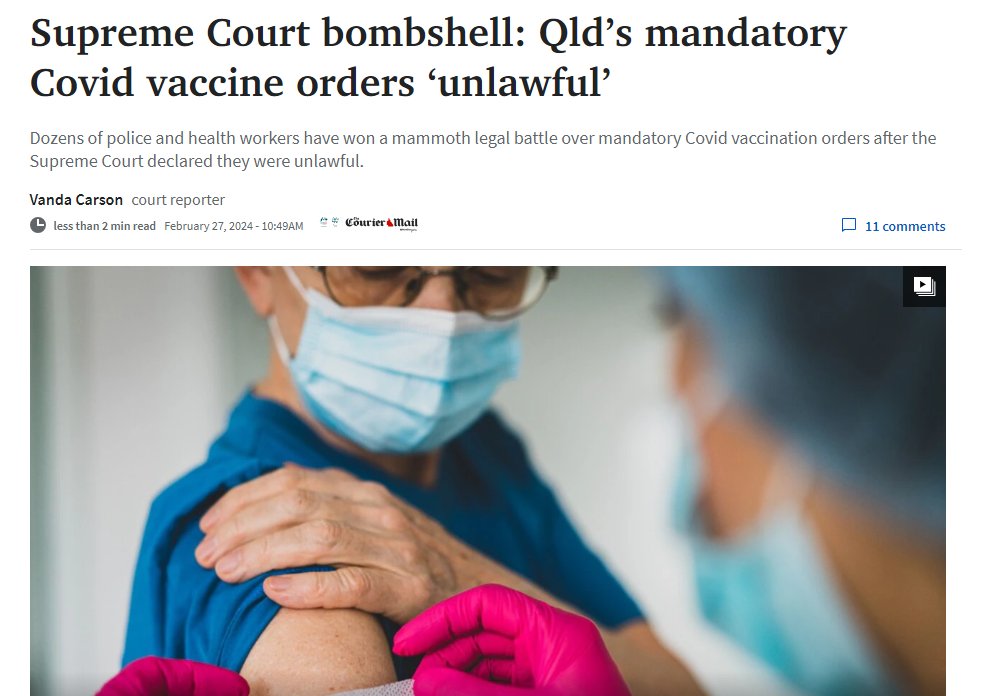 Breaking News: Qld’s mandatory Covid vaccine orders ‘unlawful’ 'Dozens of police and health workers including paramedics have won a mammoth legal battle over mandatory ­vaccination orders after the Supreme Court declared they were unlawful.' @couriermail couriermail.com.au/truecrimeaustr…