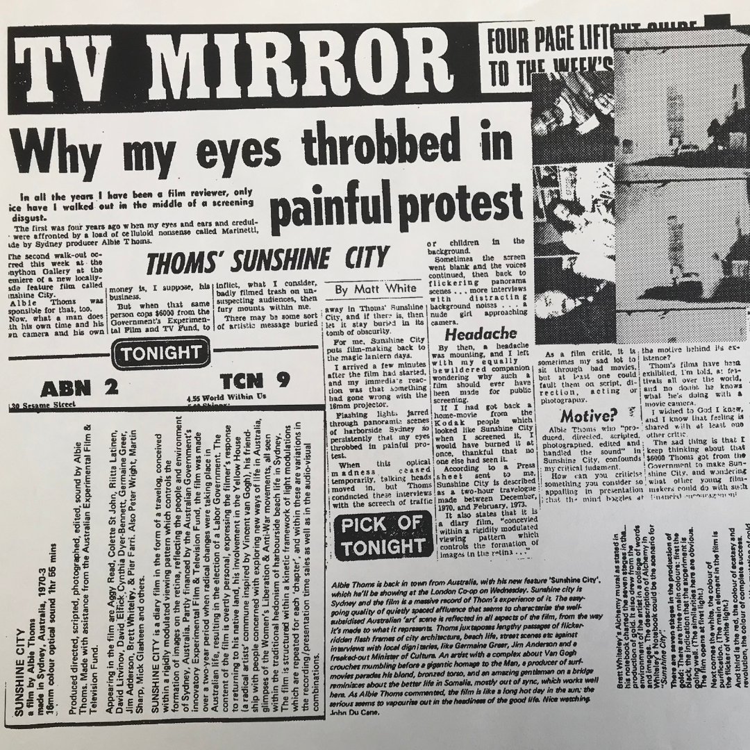 AfwFilm's tweet photo. “In all the years I have been a film reviewer, only twice have I walked out in the middle of a screening in disgust.”
TONIGHT! Albie Thoms’ Sunshine City screens on 16mm at The Brunswick Green
Please be aware that the film contains intense sequences of flicker and strobe lighting https://t.co/SARvUR0Tui