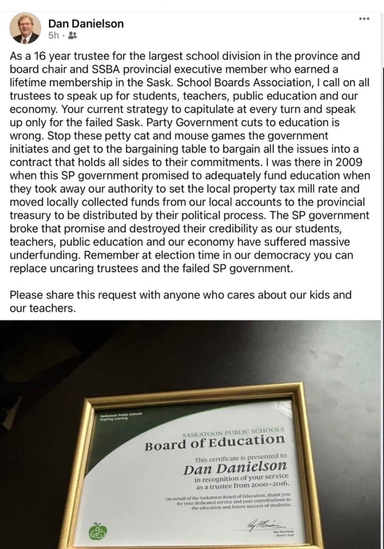 Saskatoon Public Trustee from 2000-2016. This resonates deeply with me and I’m sure will with teachers &amp; parents in our province!! He’s right about calling out ALL Board Trustees to speak up in support of our teachers &amp; students! It’s time!👍
<a href="/SaskTeachersFed/">Saskatchewan Teachers' Federation</a> 
<a href="/SaskSchoolBoard/">SSBA</a>