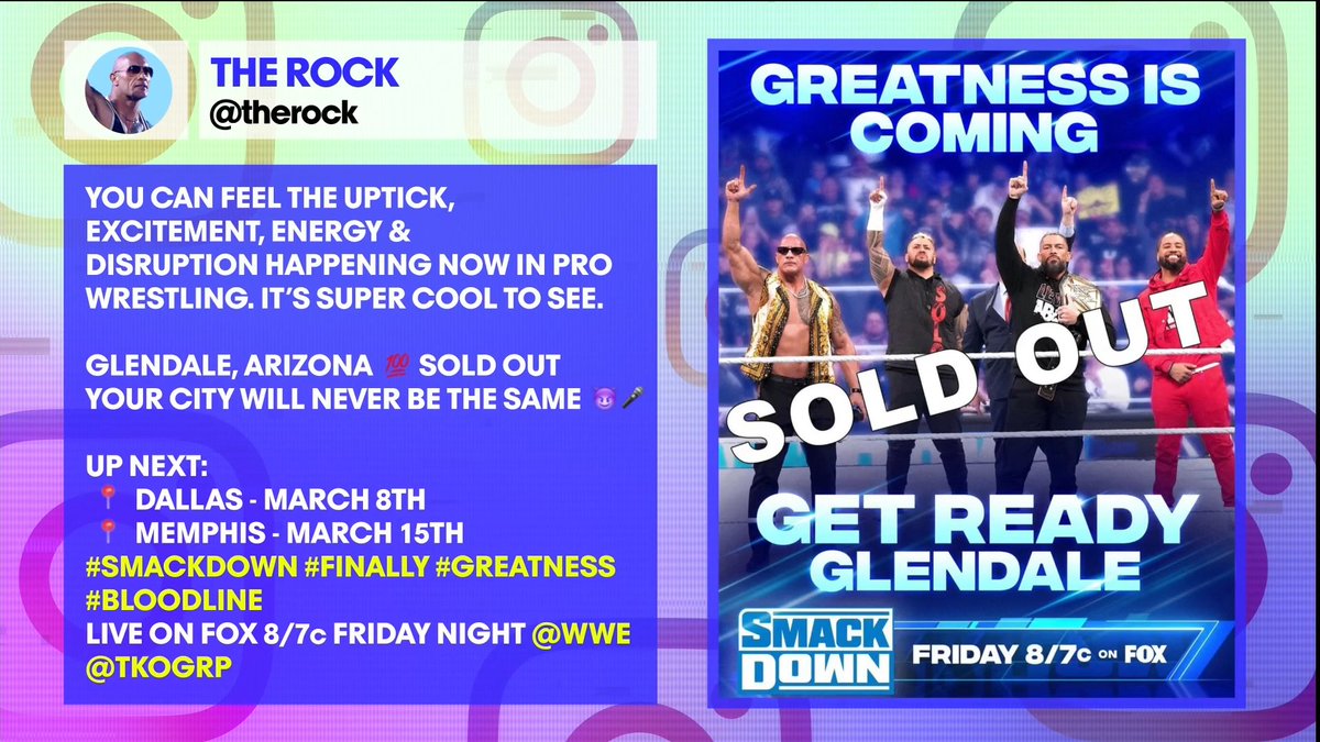 .@TheRock is COMING BACK to #SmackDown! 3/1 GLENDALE 3/8 DALLAS 3/15 MEMPHIS