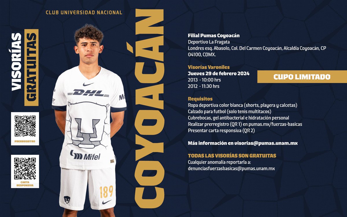 PumasMXCantera's tweet photo. ¡Porque ustedes lo pidieron, visorías en Coyoacán! 🤩

Forma parte de nuestras fuerzas básicas, realiza tu registro y nos vemos este 29 de febrero. 📲 https://t.co/zyouOOkU7r

🚨 Cupo limitado 🚨

#DePumasSoy #DeCanteraSomos https://t.co/RfPtlyksnv