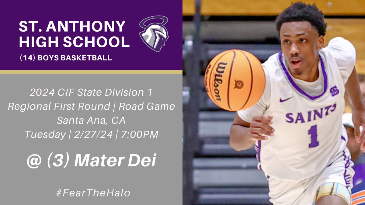 SAHS20Athletics's tweet photo. Boys basketball have qualified for CIF State playoffs in Division 1, where the 14th seed Saints travel to Santa Ana to face 3rd seed Mater Dei in their regional first round contest. Tip-off is set for 7:00pm.
🎟️: https://t.co/XxwVFrwBfJ
#FearTheHalo https://t.co/Xu32eyD4Ou