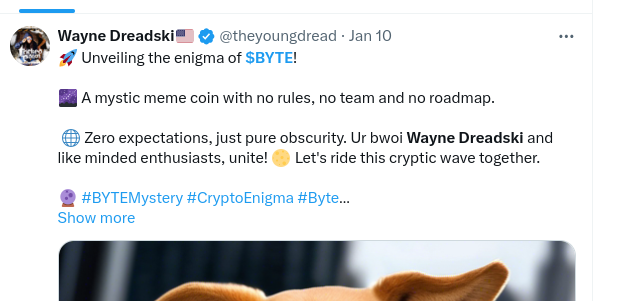 theyoungdread's tweet photo. 🌌🔮💰 What's this? 

Rumor has it that Wayne Dreadski has his eyes on a $byte #memecoin  🌌🔮

💰 Keep an eye out for more cryptic clues and stay tuned for potential updates. ...probably nothing... 🤫🔍

🔮 #WayneDreadski #CryptoMystery #ByteArmy #CrypticClues #MemeCoin #StayTuned #Byte