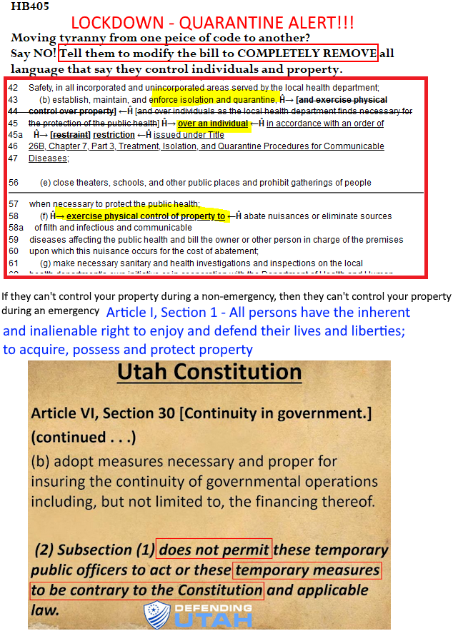 DefendingUtah's tweet image. Action HB405: Quarantine Tyranny; Must Modify the Bill to remove the power to control you individually and your property during an emergency.
Demand action, instructions provided.
Enforcing #utpol 
@UTHealthFreedom @WeARETheUT @CoalitionUtah 
defendingutah.org/post/2024/02/2…