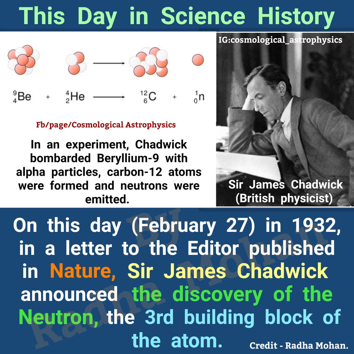 RADHAMOHANKUNWA's tweet photo. This Day in Science History -

(February 27) 

After two weeks of inspired experiments, #OTD in 1932, in a Letter to the Editor published in #Nature, #JamesChadwick announced the “Possible Existence of a #Neutron”. https://t.co/rWaXfXFr9s