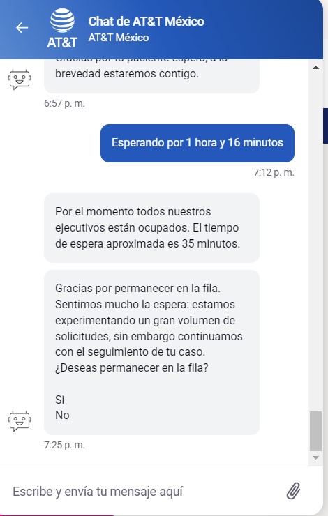 PueblaComparte's tweet photo. @ATTMx @ATTMx hora y media después te dice el bot que hay que esperar otros 35 minutos! bye, bye AT&amp;T https://t.co/E5326CVk43