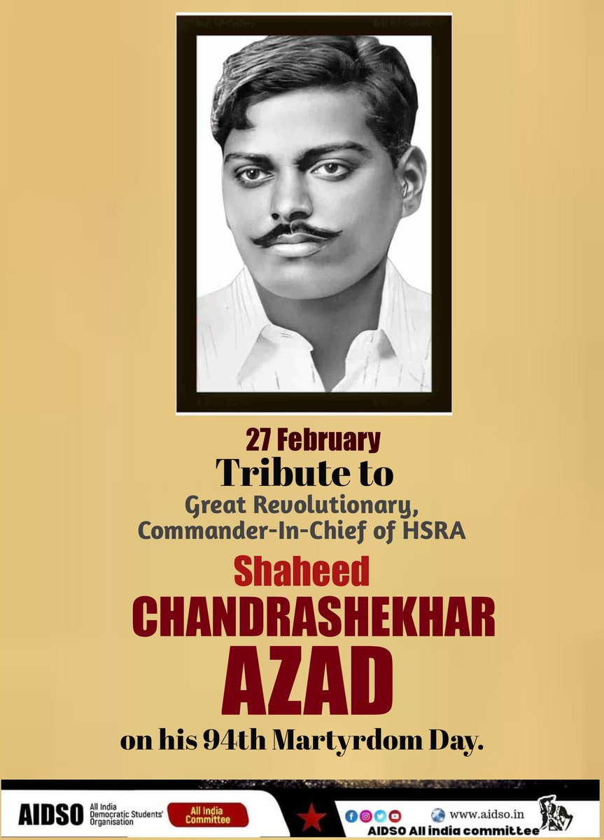 #TributeToShaheed
#ChandraSekharAzad
#91stMartyrdomday
#AIDSO_AIC