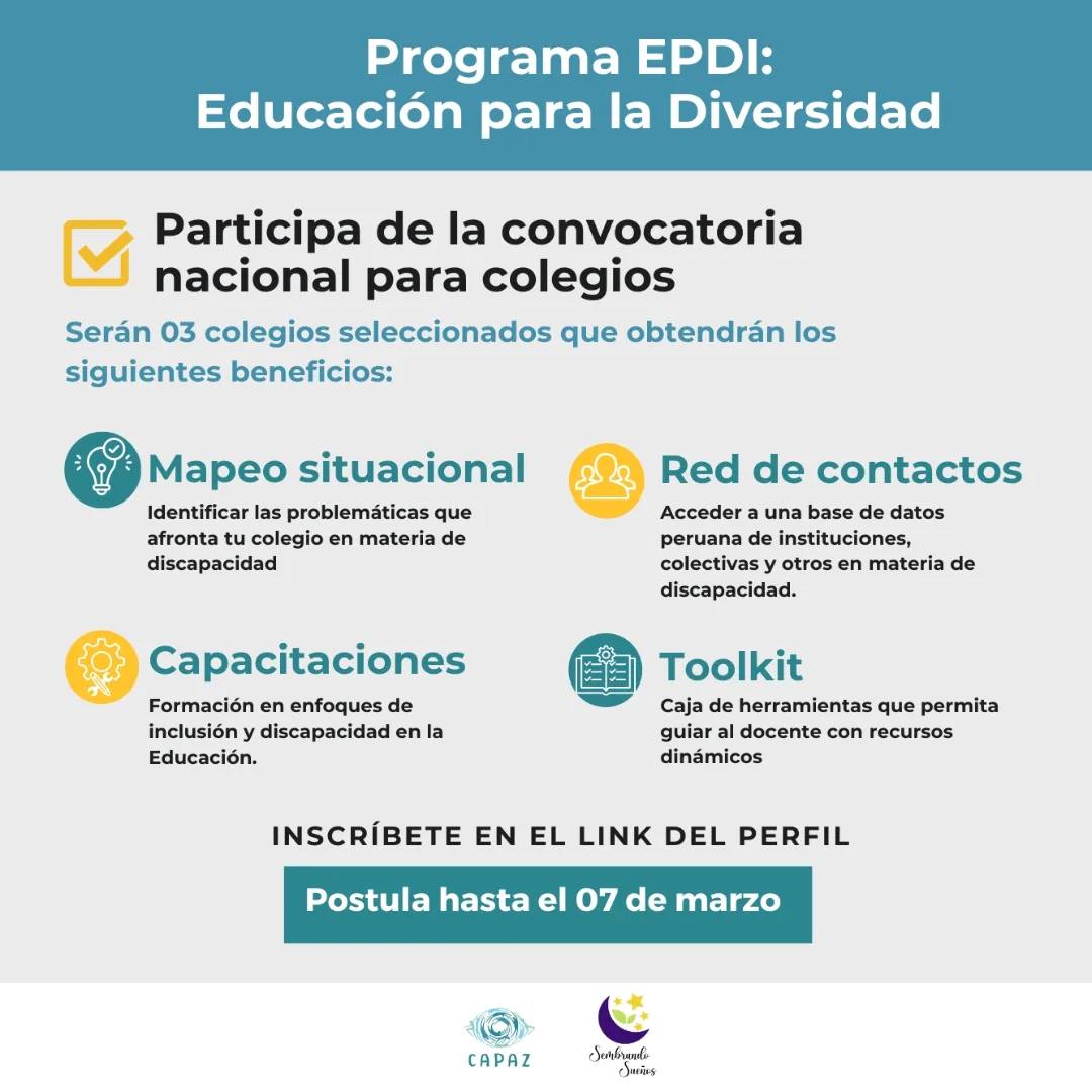 capazperu's tweet photo. #Convocatoria 
¡Ya puedes postular al #Programa EPDI: Educación para la Diversidad! 

Capaz y Sembrando Sueños se unen para impulsar la formación de docentes a nivel nacional y juntos construir un entorno educativo más inclusivo y accesible.

¡Aquí! -> https://t.co/R9NkSJjqZw https://t.co/tQJOdTm1VB
