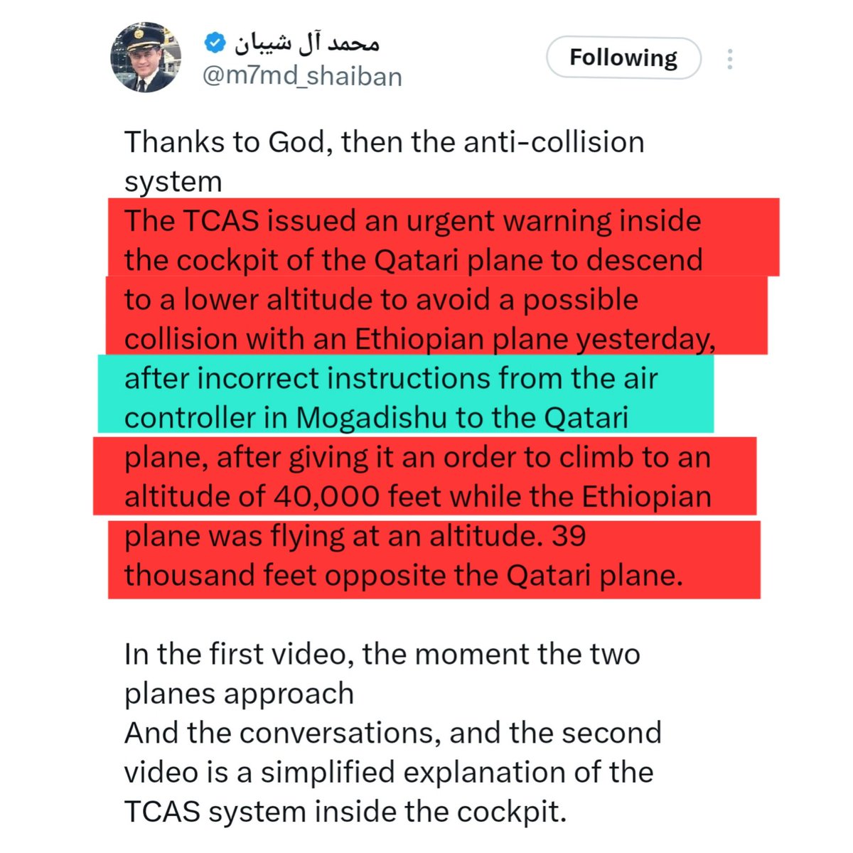 cabdiraxmanmid's tweet photo. #Beentu inay #xaaraan tahay soow ma ogidin @Dhuuxdhimbil @AbdiAbdinur @yamohamed6
Waakan Pilotkii waday @qatarairways oo sheegay amar khaldanoo ay @Som_CAA siiyeen darteed inay isuugu dhici gaadheen @Ethiopianairl
@fardowsaegal & @Amoallinh maxay saxaafada la hor iman doonaan😁 https://t.co/JoCMiuEWBX