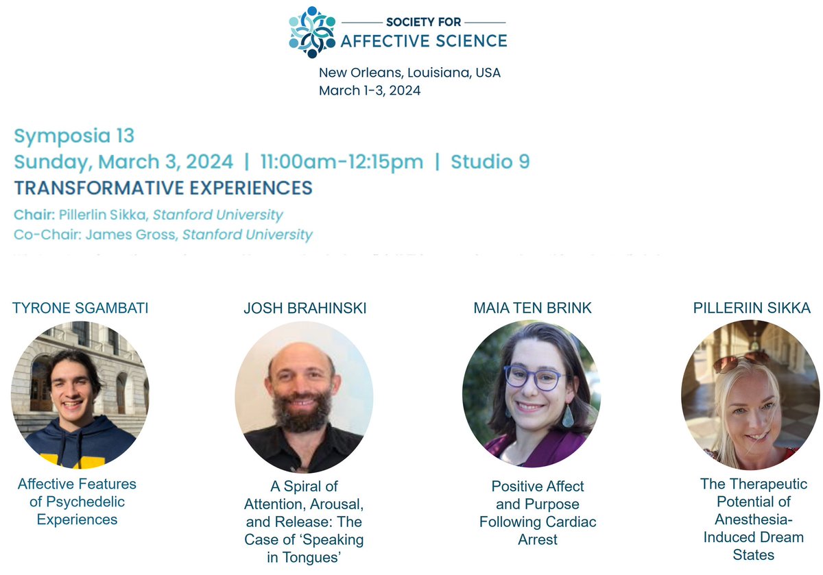 PilleriinSikka's tweet photo. What are transformative experiences and how can they be beneficial? Come listen to our symposium at #AffectScience2024 to find out ✨️✨️
#affectScience #psychedelics #spirituality #neardeath #anesthesia #dreaming https://t.co/NEwivfSGy2