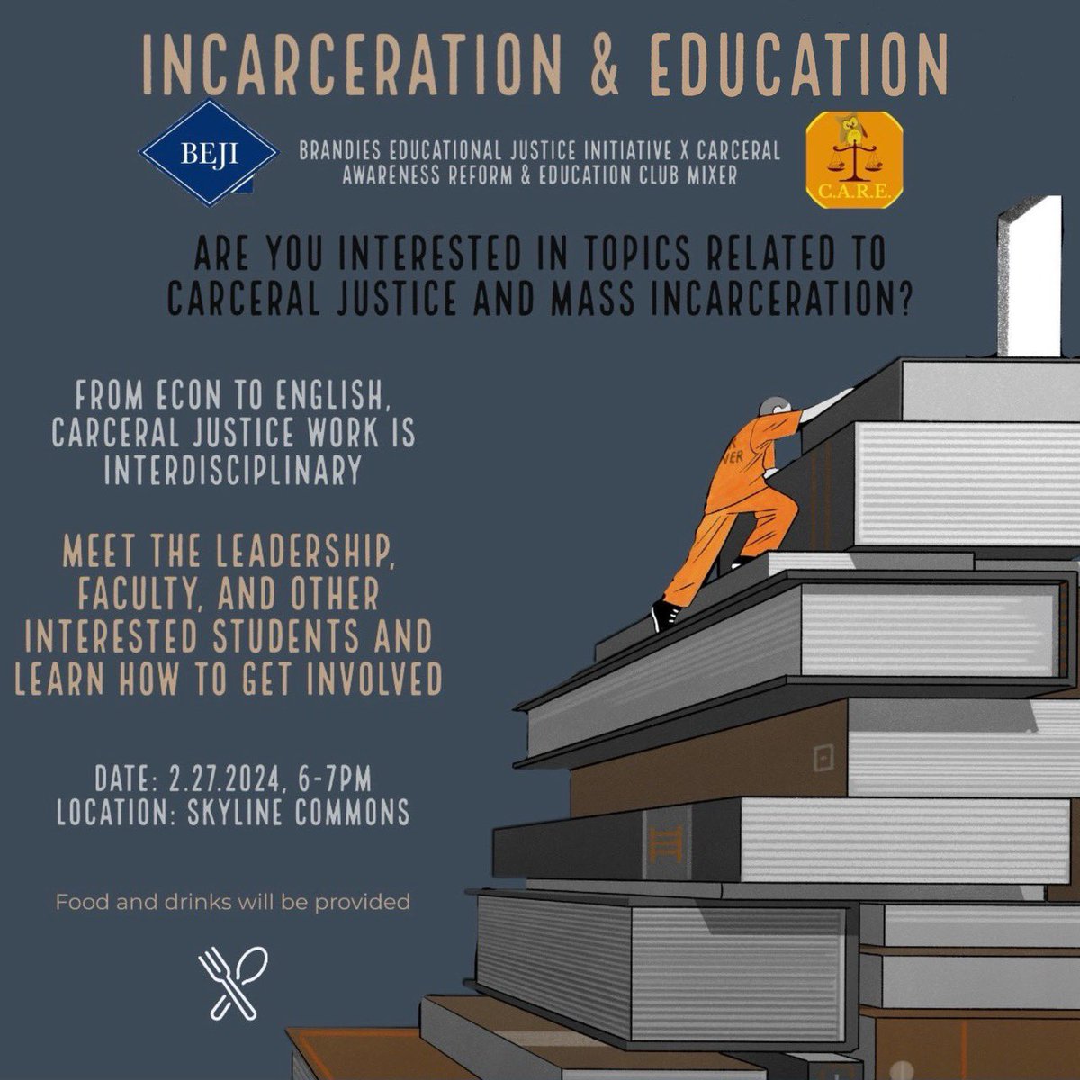 Hey <a href="/BrandeisU/">Brandeis University</a> students &amp; faculty— come hang out tmrw evening in Skyline with us! Learn more about how your major and/or research can intersect with #carceraljustice 
Also, we’ll feed you 🍽️