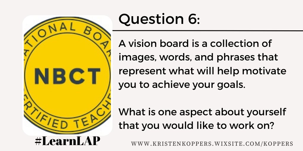 Mrs_Koppers's tweet image. Q6: A vision board is a collection of images, words, and phrases that represent what will help motivate you to achieve your goals. 

What is one aspect of yourself that you would like to work on?

#LearnLAP
