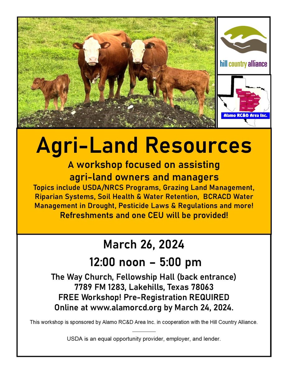 alamorcd's tweet photo. Agri-Land Resource Workshop REGISTER NOW online. 
FREE‼️‼️GREAT info on USDA/NRCS/RD/FSA programs FOR YOU! Get info on great water and land agrI practices, grazing techniques
🌿 Bandera County on 03/26/24 Pre-registration REQUIRED! 
Online at https://t.co/sDoVYUaJZT https://t.co/VEgtNJSKWW