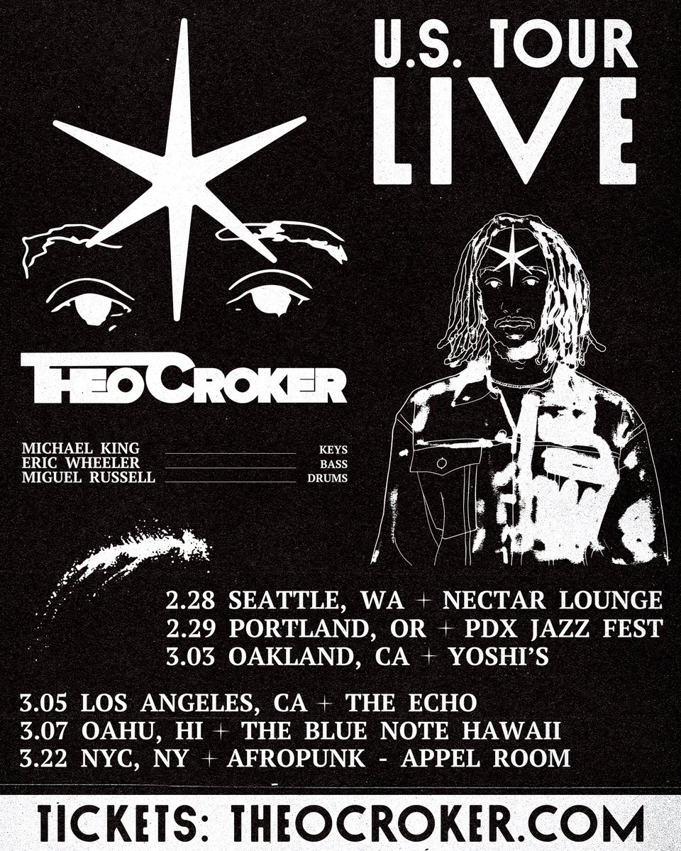 Theo Croker (@theocroker) on Twitter photo Hitting the road in the USA 🇺🇸 this week and next!!
2/28 Seattle, WA 🇺🇸 <a href="/nectarlounge/">Nectar | Seattle</a>
2/29 Portland, OR 🇺🇸 <a href="/pdxjazz/">PDX Jazz</a>
3/03 Oakland, CA 🇺🇸 <a href="/yoshis_oak/">Yoshi's Oakland</a>
3/05 Los Angeles, CA 🇺🇸 <a href="/theechola/">The Echo + Echoplex</a>
3/07 Oahu, HI 🇺🇸 <a href="/bluenotehawaii/">Blue Note Hawaii</a>
3/22 NYC, NY 🇺🇸 <a href="/lincolncenter/">Lincoln Center</a>
Tix: Hitting the road in the USA 🇺🇸 this week and next!!
2/28 Seattle, WA 🇺🇸 <a href="/nectarlounge/">Nectar | Seattle</a>
2/29 Portland, OR 🇺🇸 <a href="/pdxjazz/">PDX Jazz</a>
3/03 Oakland, CA 🇺🇸 <a href="/yoshis_oak/">Yoshi's Oakland</a>
3/05 Los Angeles, CA 🇺🇸 <a href="/theechola/">The Echo + Echoplex</a>
3/07 Oahu, HI 🇺🇸 <a href="/bluenotehawaii/">Blue Note Hawaii</a>
3/22 NYC, NY 🇺🇸 <a href="/lincolncenter/">Lincoln Center</a>
Tix: