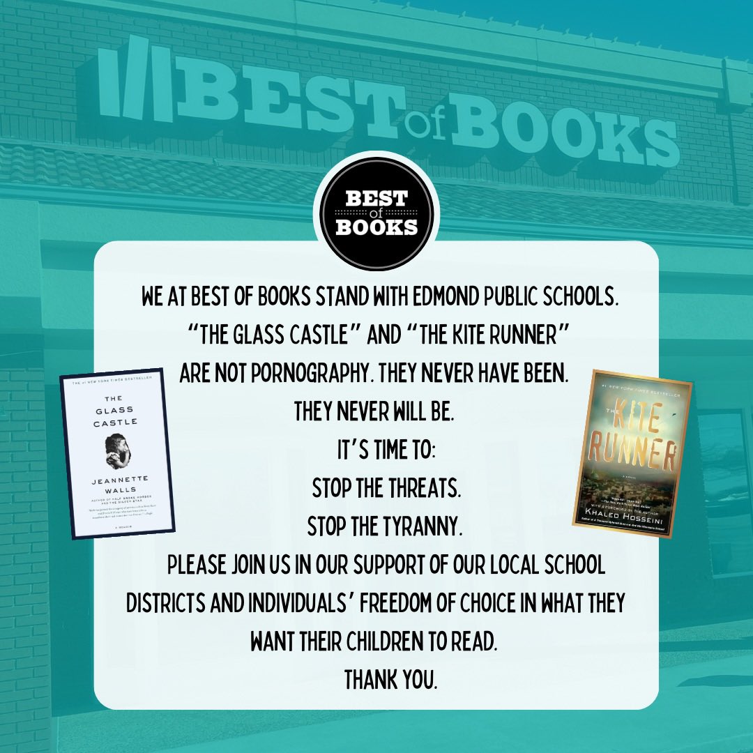 We at Best of Books stand with Edmond Public Schools…It’s time to: Stop the threats. Stop the tyranny. Please join us in our support of our local school districts and individuals’ freedom of choice in what they want their children to read. [Full statement in photo]