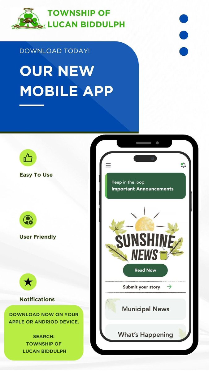 Keep up to date on your mobile device!

The Township of Lucan Biddulph's new mobile app is now available on your Apple/Android devices.  Sign up to receive important notifications/reminders!