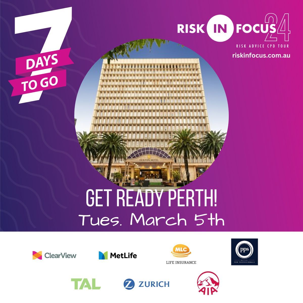 riskinfonews's tweet photo. Don't miss out, Perth! With just 1 week to go. Join us on Tuesday, March 5th. Secure your tickets now by clicking on the link https://t.co/txPdofjBhH
#Riskinfocus #Riskinfo #riskadvice #riskadvisers #financialadvice #financialadvisers #Perth #WesternAustralia https://t.co/T3gptTcnzW