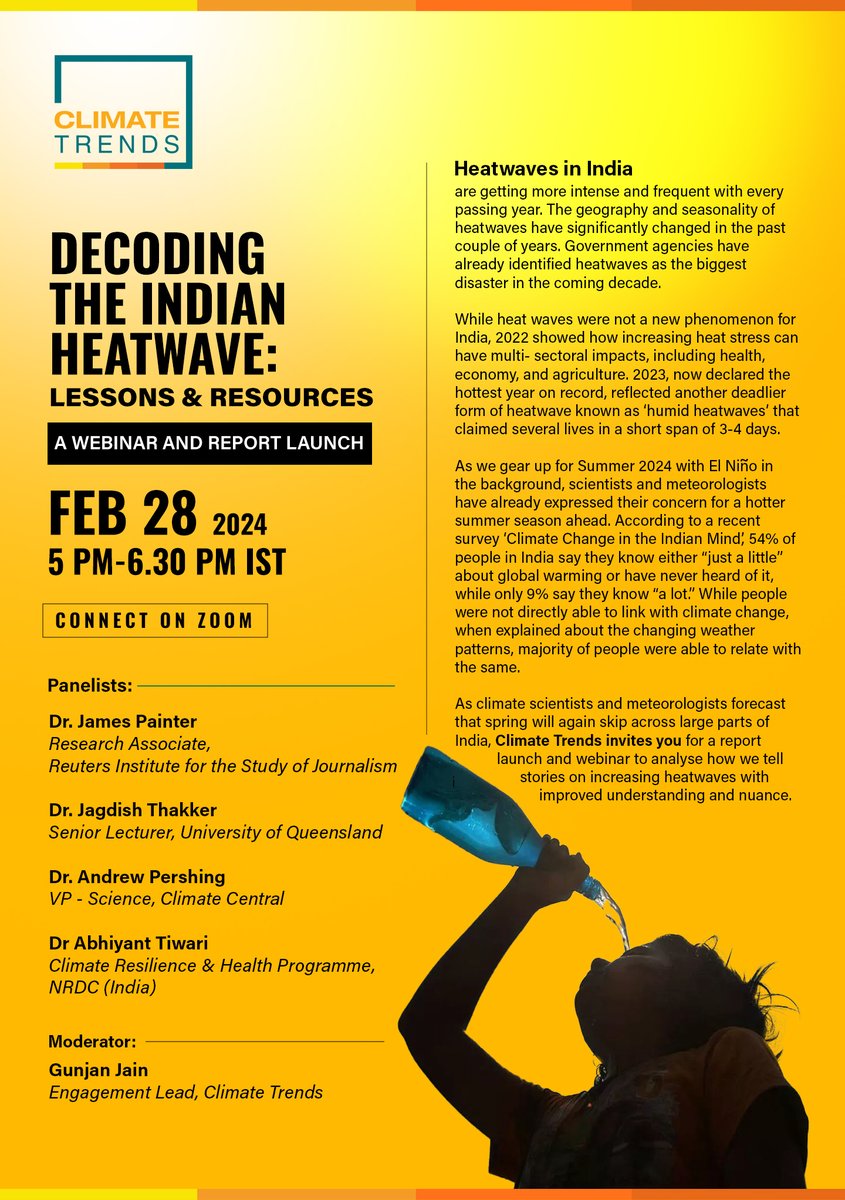 – Will spring skip again this year?
– How are we telling the stories of increasing #heatwaves in India?
– How well do we understand its nuances?

Join us for answers to these questions and more on
🗓️28 Feb at ⏰5 PM with esteemed panellists.

Register 👉 us06web.zoom.us/webinar/regist…