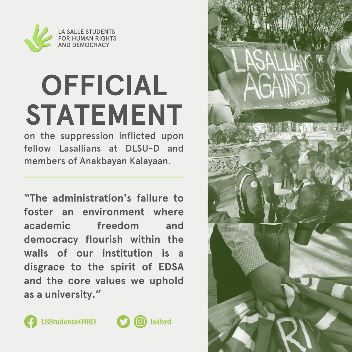 LS4HRD's tweet photo. [Official Statement on the suppression inflicted upon fellow Lasallians at DLSU-D and members of Anakbayan Kalayaan] https://t.co/2aOKwiRLV7