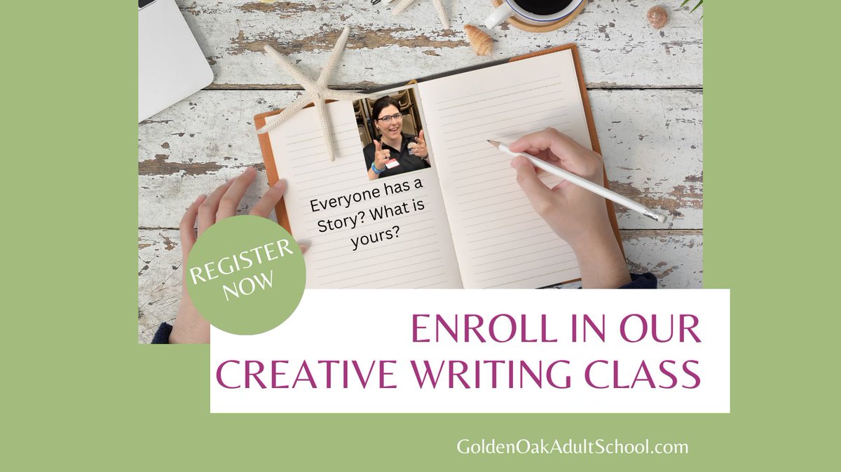 GoldenOakAdult's tweet photo. Enroll in our Creative Writing Class that starts March 6. 

#creative #write #adulted #creativewriting #losAngeles #art #writingisart #whatsyourstory #education #dreams #thoughtsonpaper #amwriting  #writerslife #wordcount #fridayreads #writerwednesday #thoughts #getaprompt https://t.co/jrdEuNyaJ3