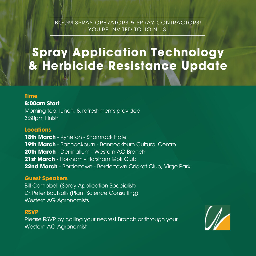 ag_western's tweet photo. Join Us for Spray Tech &amp; Herbicide Update!

Time: 8:00am - 3:30pm

Boom Spray Operators &amp; Contractors, RSVP now!
Contact your nearest Branch or Western AG Agronomist.

#australianag #spraying2024 #herbicide  #spraytechnology https://t.co/zD7TuPKK1g