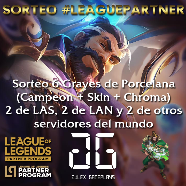 Julex_Gameplays's tweet photo. SORTEO 6 Graves Porcelana (+ chroma verde)
-2 LAS
-2 LAN
-2 Otros Servers del Mundo

✅Seguime
❤️Like al Twit
🌎Indica servidor (NA, BR, EUW, etc.)
💬Comentar #LPP
👥Etiquetar 1 amigo min.
(1 comentario x persona)

Fecha:
🗓️3 de Marzo

🍀¡SUERTE! 
#LeaguePartner #PorcelainGraves https://t.co/vmBz5h8Rvo