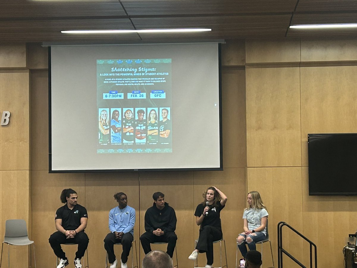 Great work by Tulane @GreenWaveSAAC tonight bringing athletes, faculty and staff together for @American_Conf #powerfulminds 

Shattering Stigma: A Look into the Powerful Minds of Student-Athletes 

Our guy @makai_42 up there representing well.