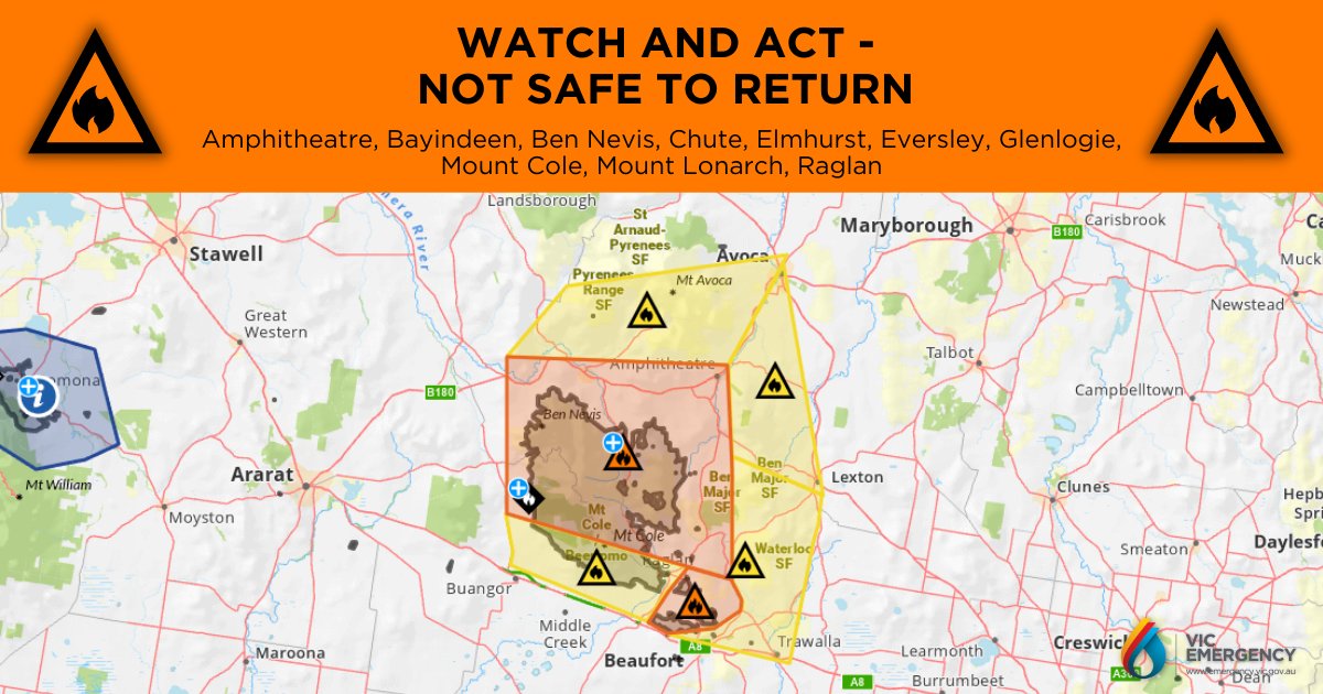 vicemergency's tweet image. This Watch &amp;amp; Act - Bushfire - Not Safe to Return is for Amphitheatre, Bayindeen, Ben Nevis, Chute, Elmhurst, Eversley, Glenlogie, Mount Cole, Mount Lonarch, Raglan.  

Anyone still in these areas should leave tonight or early tomorrow morning.

More info emergency.vic.gov.au/respond/