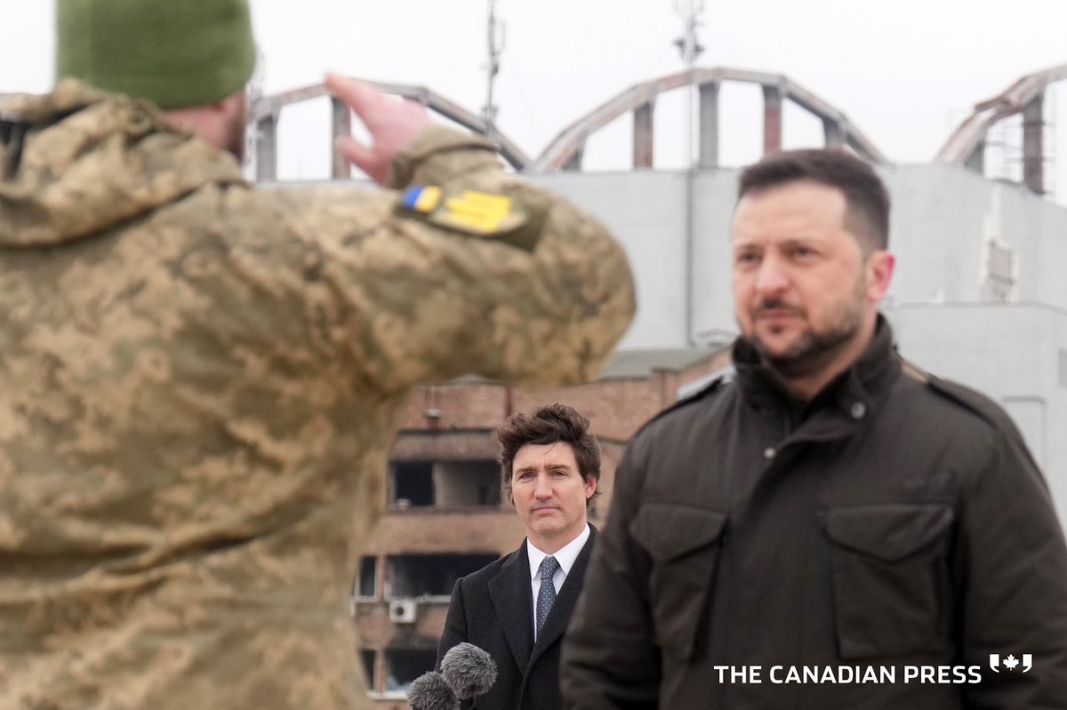 In today’s CP Image (bit.ly/cpimagestw), Canadian Prime Minister Justin Trudeau watches as Ukrainian President Volodymyr Zelenskyy takes a salute during a ceremony in Kyiv on February 24, 2024. The ceremony marks the second anniversary of the start of the war in Ukraine.