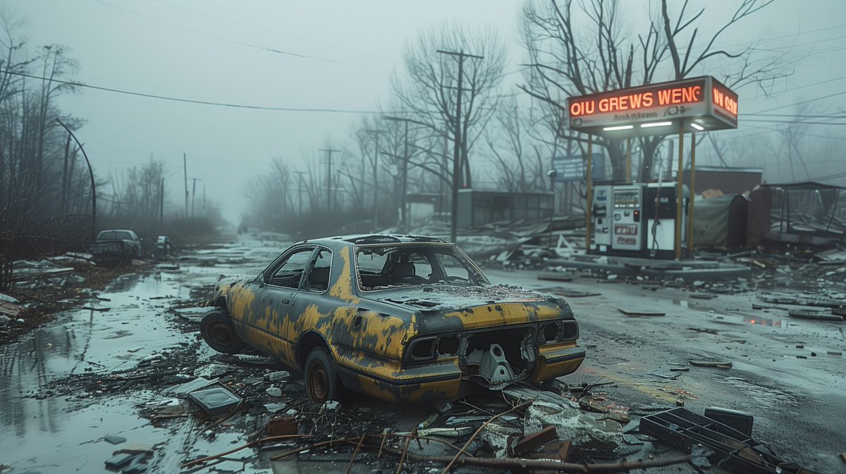 Testing ai @midjourney V6 is getting better
Results are insane 
#gasstation #abandoned #midjourneyV6 #midjouney #ai #mood #scary #horror #puddles #street #haunted #fog #overcast #oldcar #moody