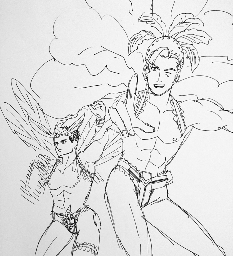 @araiakie @banbanbigarrow @chiepu 昨日谷垣を見た三蔵、なに書いてんの の目であっしを見る🤨
あっし「裏にはこんなん描いてるよ」
裏→ブレイバーンのサンバ

ちなみに紙自体は丼蔵が印刷して必用部分を切り抜いた後のやつ😁 