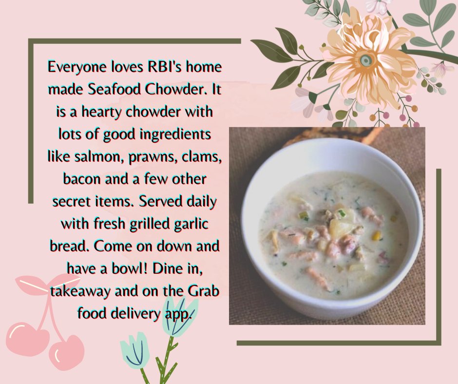 RbiSteakhouse's tweet photo. RBI Steakhouse has the best Homemade Seafood Chowder for only โฑ299 and served with garlic bread. #rbi #angelescity #rbisteakhouse #seafoodchowder #Pampanga #Everyone https://t.co/t7CyYRbAk6