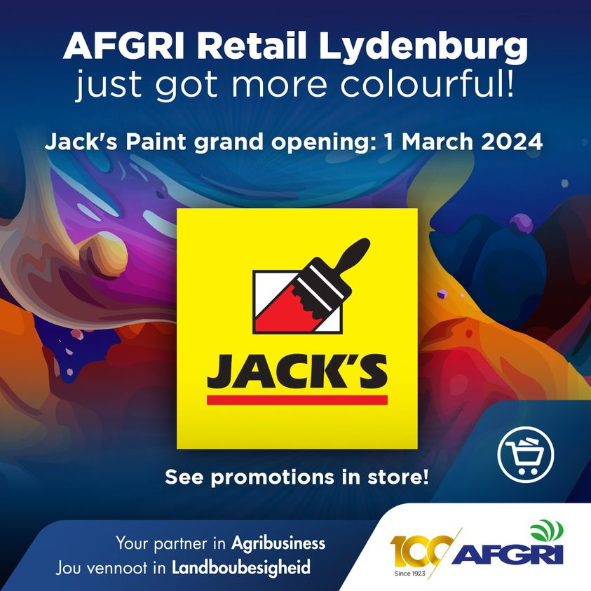 Jack's Paint & Hardware is rolling into our AFGRI Retail store in Lydenburg, Mpumalanga. Come visit us from 1 March, and get ready to colour your home! Find promotions in store till 16 March. #AFGRI100 #AFGRIRetail #JacksPaint