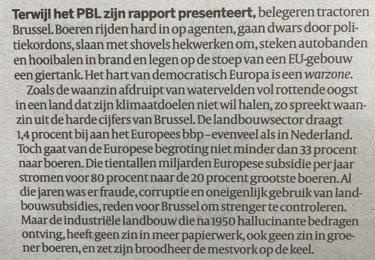 Column in VK: geen woord Spaans. Het kortetermijn eigenbelang van een sector mag ten koste gaan van natuur en leefbare aarde. Schijt aan de rechtstaat en democratie. En halen we natuurdoelen niet?; dan leggen we gewoon de lat wat lager. Wat een kortzichtige domheid.