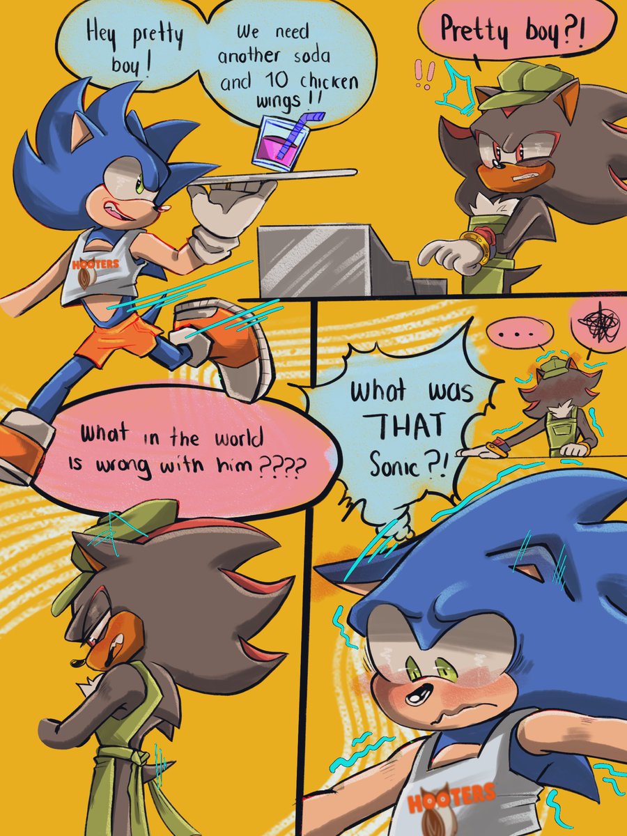 artbluecyan's tweet image. Sonic Hooters and Shadow barista/cashier¿? 💕💕💕💕 

#sonadow #shadonic