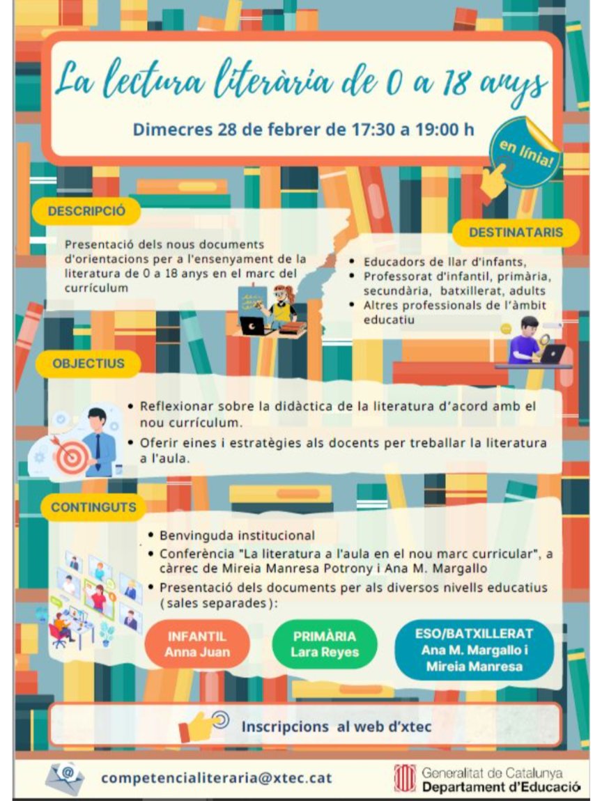 Demà dimecres 28/1 presentació documents sobre la #LecturaLiterària a les diferents etapes educatives. Amb @Annitaflickiflo <a href="/lara__rl/">Lara Reyes López</a> <a href="/mireia_m/">Mireia Manresa 🎗</a> i #AMMargallo Les orientacions aquí 👉 repositori.educacio.gencat.cat/handle/20.500.… Anem complint els compromisos Pla Nacional del Llibre i la Lectura