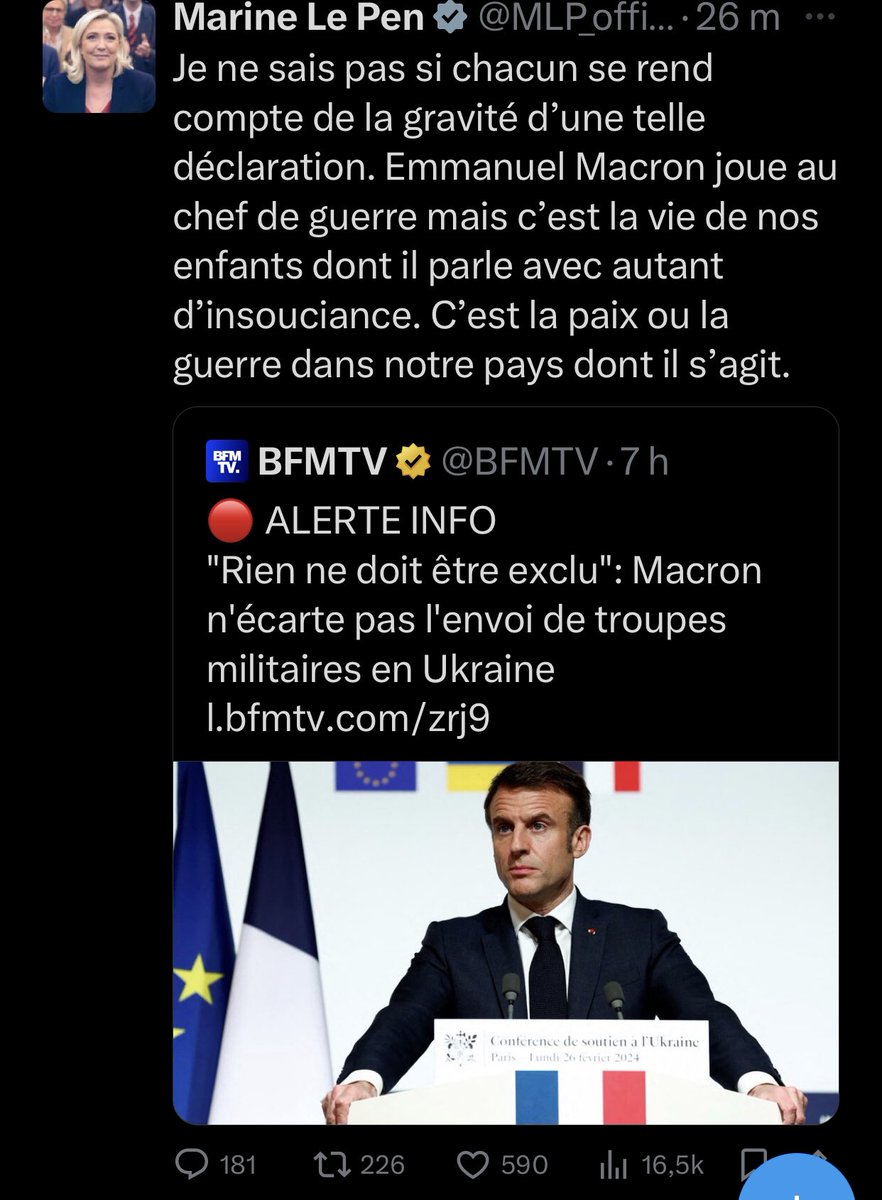 PhilippeMurer's tweet photo. On attend toujours les réactions des LR aux déclarations guerrières de Macron.
Pour sauver leurs postes de députés, vont-ils prendre le risque de déclencher une guerre avec la Russie ? 
✅Ou bien seront-ils enfin capable de voter une Motion de censure pour éjecter Macron ?
@lesRepublicains