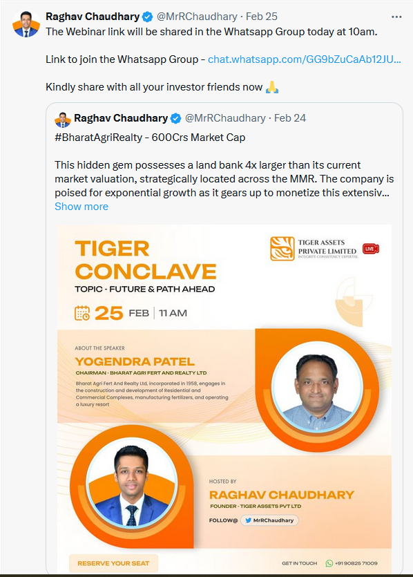 BugEquity's tweet photo. Webinar with Mgmt. done on 25th Feb and the week before that stock wakes up from the dead to rally 45% on huge volumes!
Is it a coincidence?
Is it pump &amp; dump?
Guy had blocked me in the past as I posted something similar in the past. 
#EyeOfTheTiger #BharatAgriRealty #TigerAssets https://t.co/0kz5VpMwNn