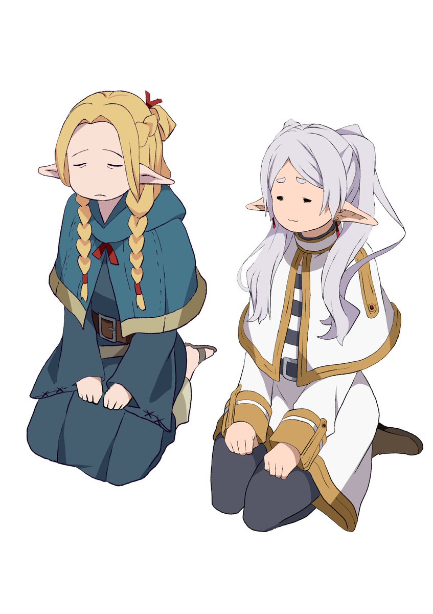 frieren ,marcille donato multiple girls 2girls pointy ears blonde hair braid elf twin braids  illustration images